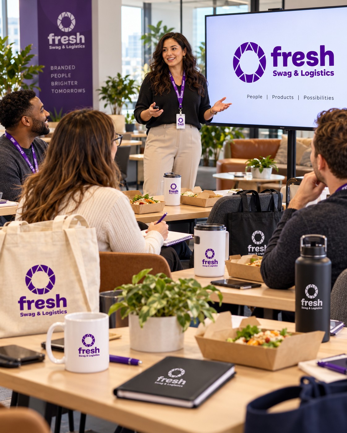Team presentation with branded tote bags, mugs, bottles and lanyards