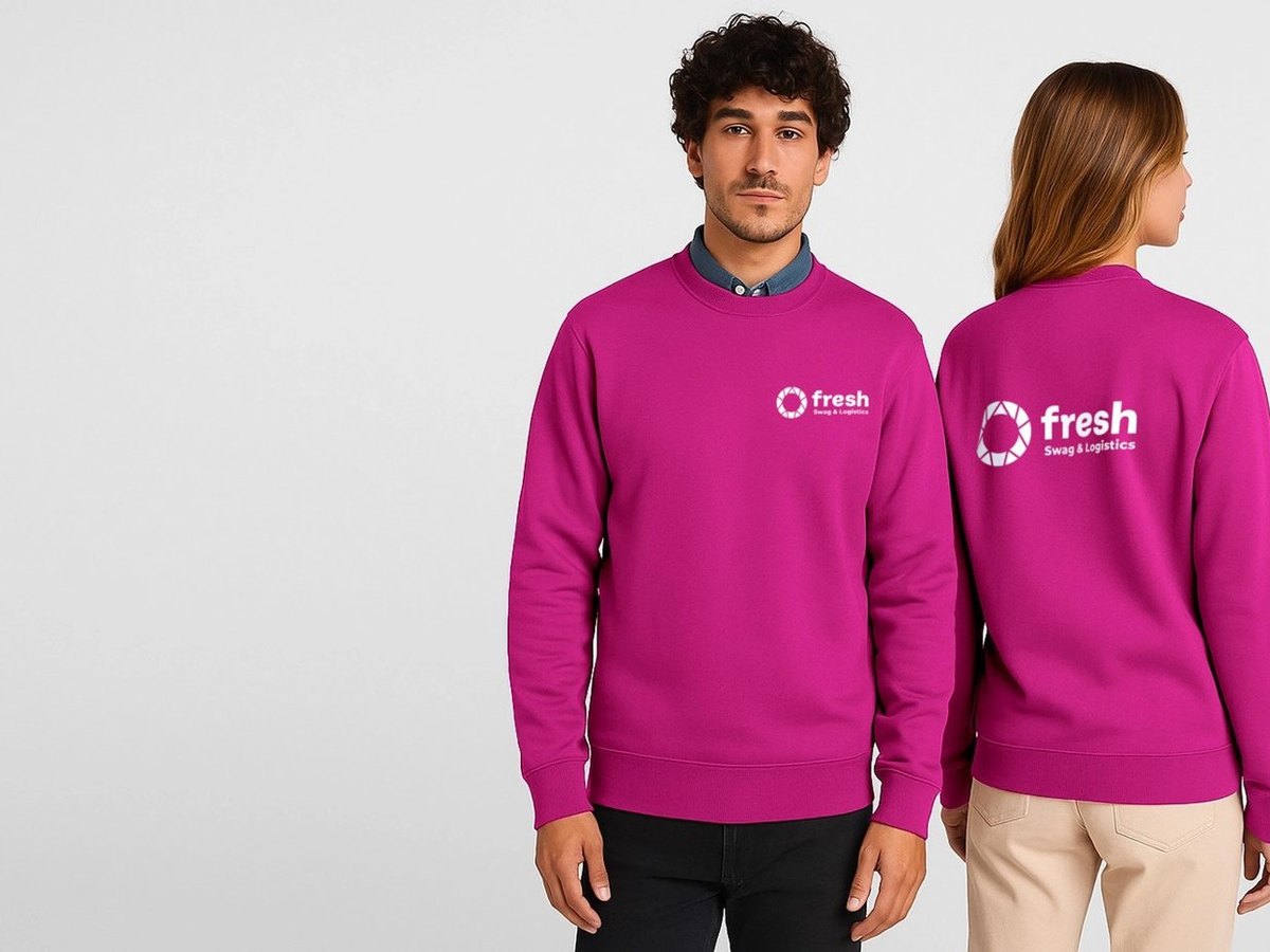 Two people wearing matching branded sweatshirts