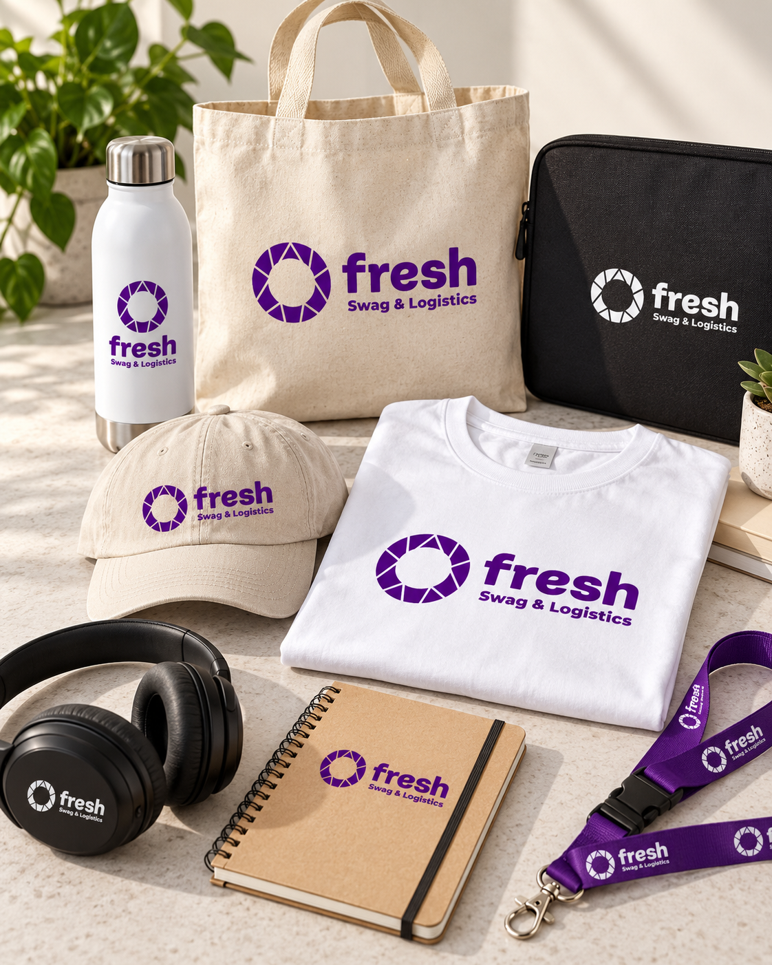 Branded partner programme swag on display