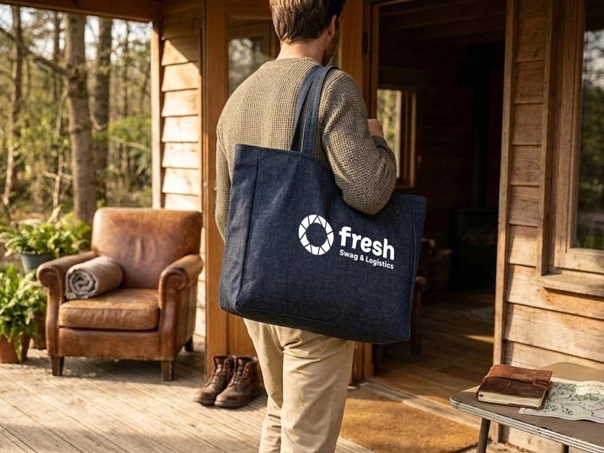 Person carrying a branded tote bag through a doorway