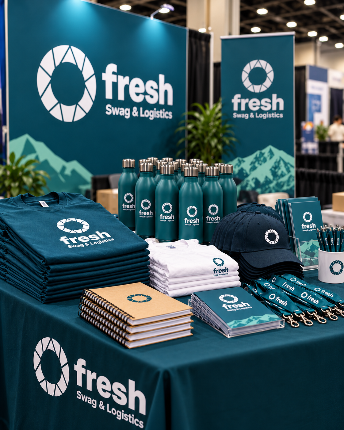 Branded hoodies, bottles, caps and notebooks on an event stand