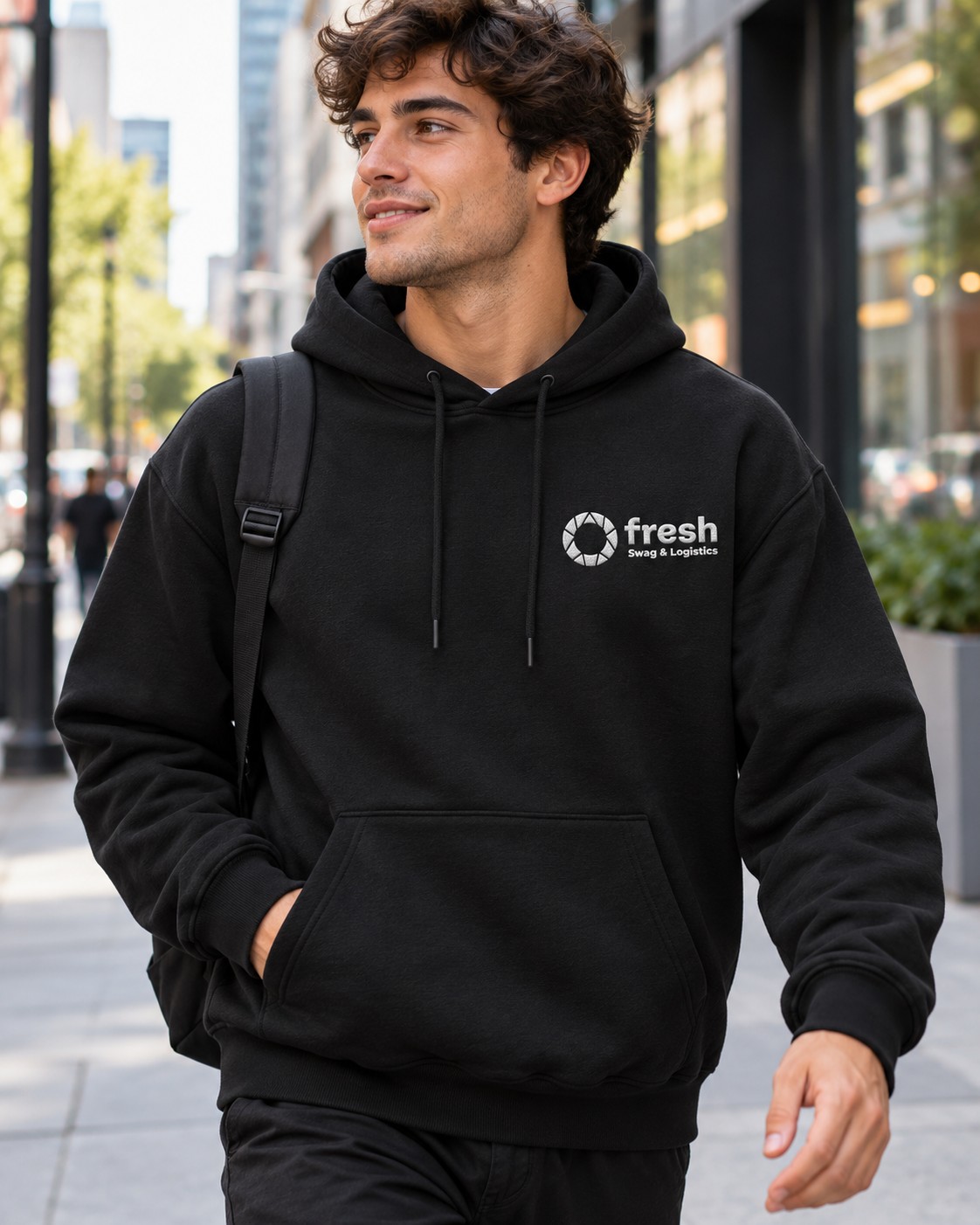 Person walking down a street in a branded hoodie