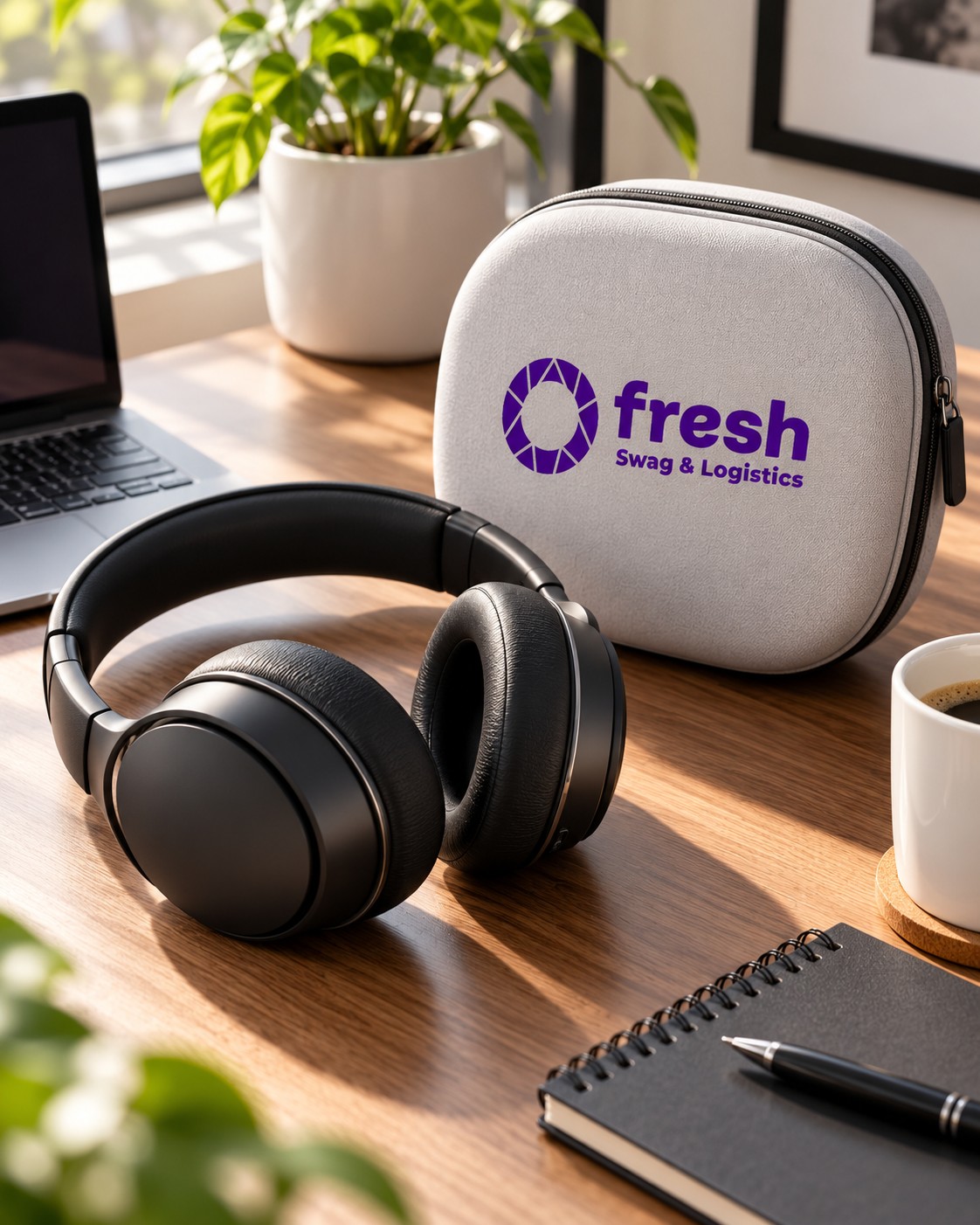 Headphones and a branded case on a desk