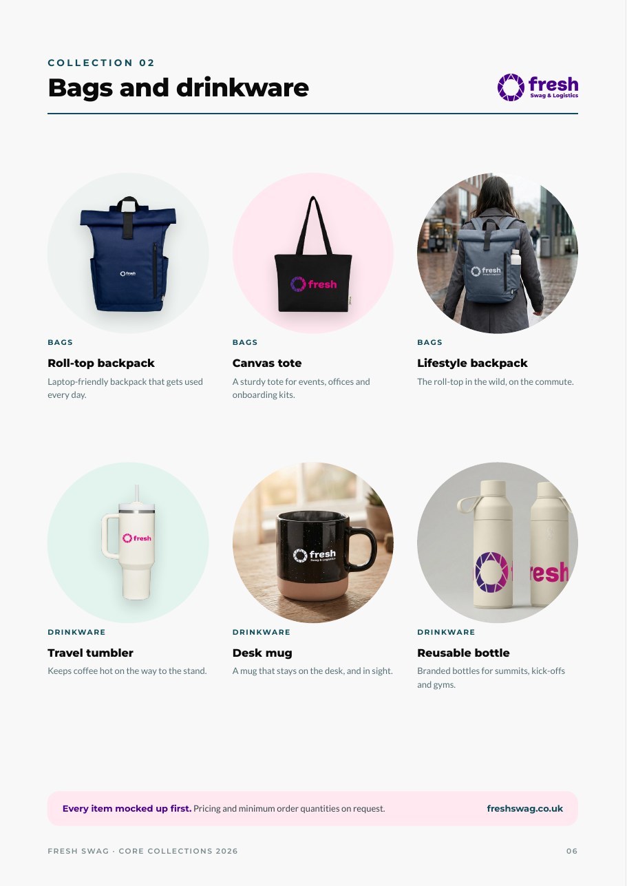 Bags and drinkware pages from the Core Collections 2026 booklet