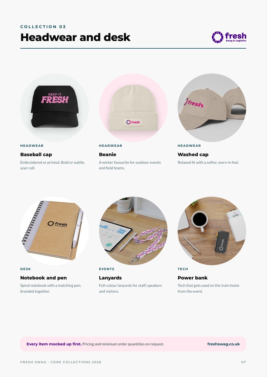 Headwear and desk pages from the Core Collections 2026 booklet