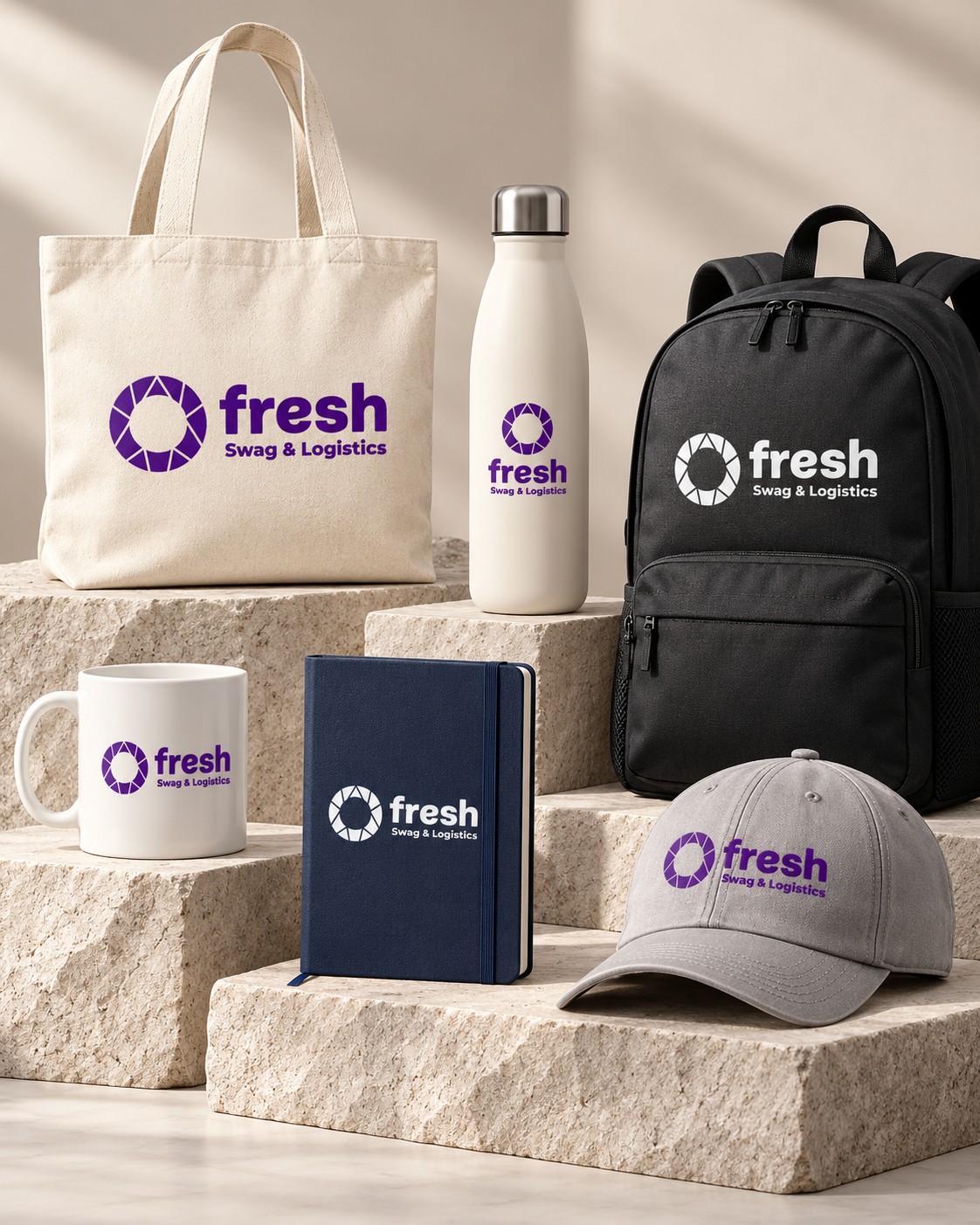 Fresh branded bags, bottle, mugs and notebook