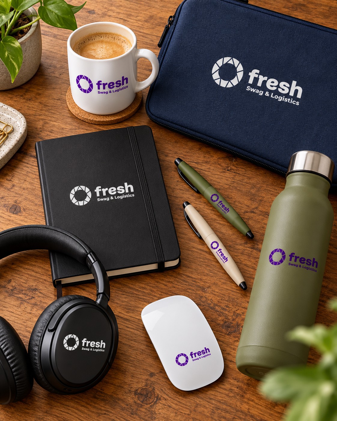 Branded mug, notebook, laptop sleeve, pens, bottle, mouse and headphones on a desk