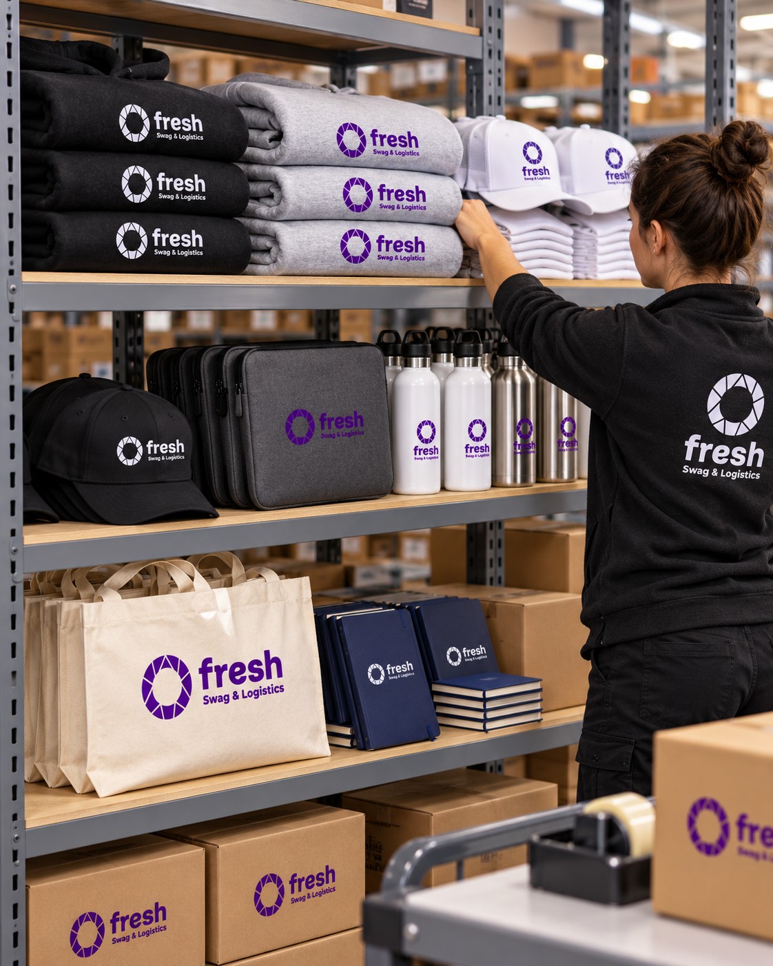 Branded hoodies, caps, bottles and tote bags stored on warehouse shelves